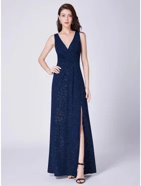 A-Line Elegant Formal Evening Dress V Neck Sleeveless Floor Length Cotton Blend with Draping