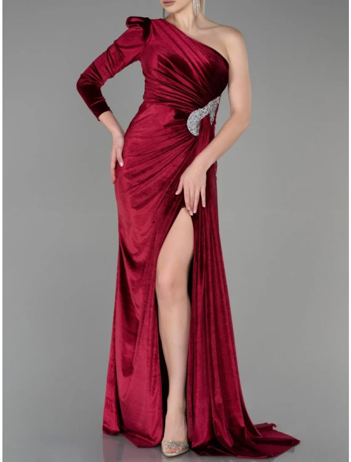 A-Line Evening Gown Christmas Elegant Dress Formal Sweep / Brush Train Long Sleeve One Shoulder Velvet with Glitter Pleats Ruched