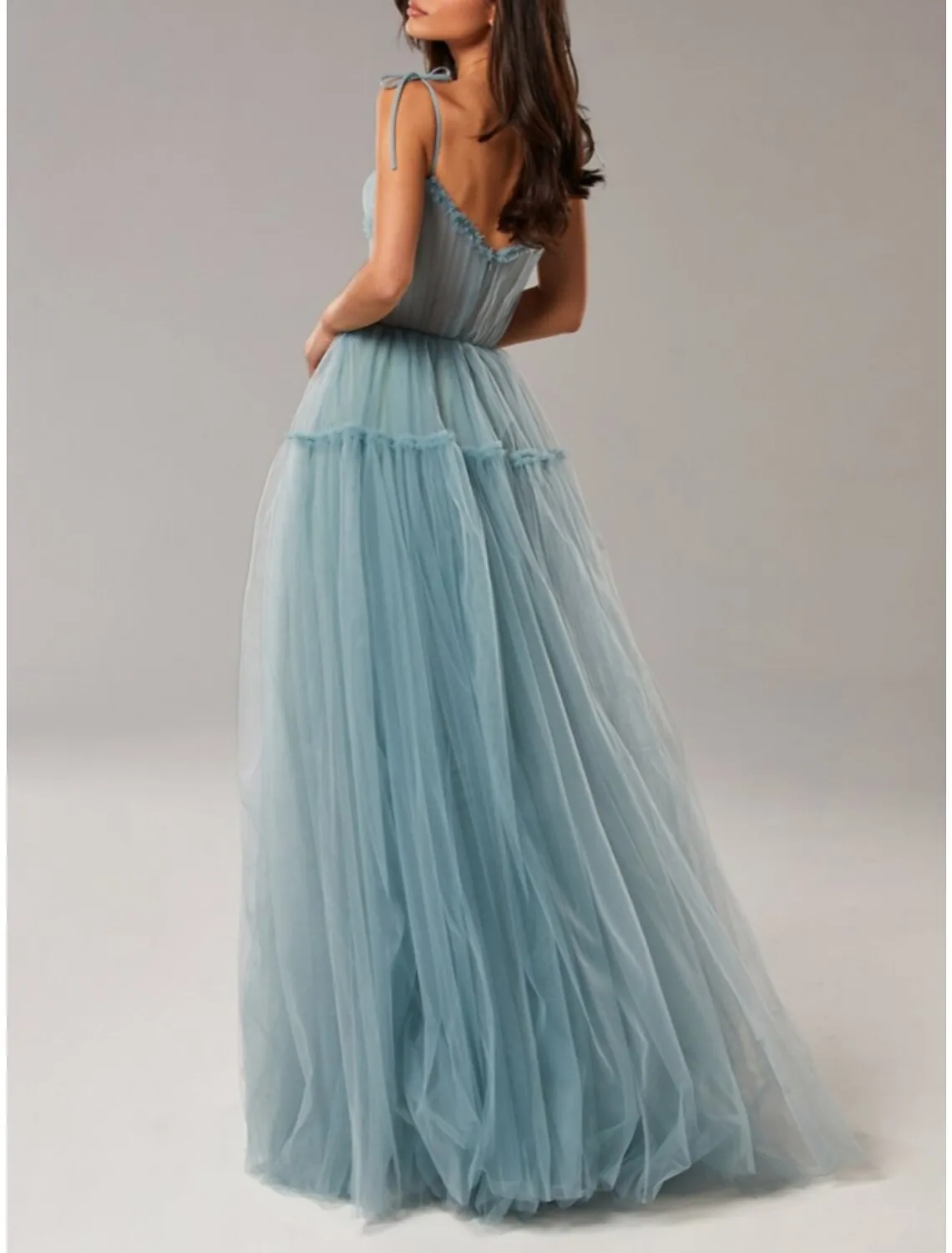 A-Line Evening Gown Elegant Dress Formal Floor Length Sleeveless Spaghetti Strap Tulle with Bow(s) Pleats