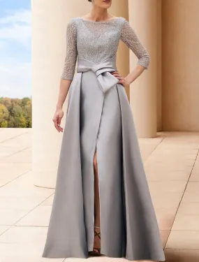 A-Line Mother of the Bride Dress Formal Wedding Guest Elegant Bateau Neck Floor Length Sequined Italy Satin 3/4 Length Sleeve with Bow(s) Pleats Crystals