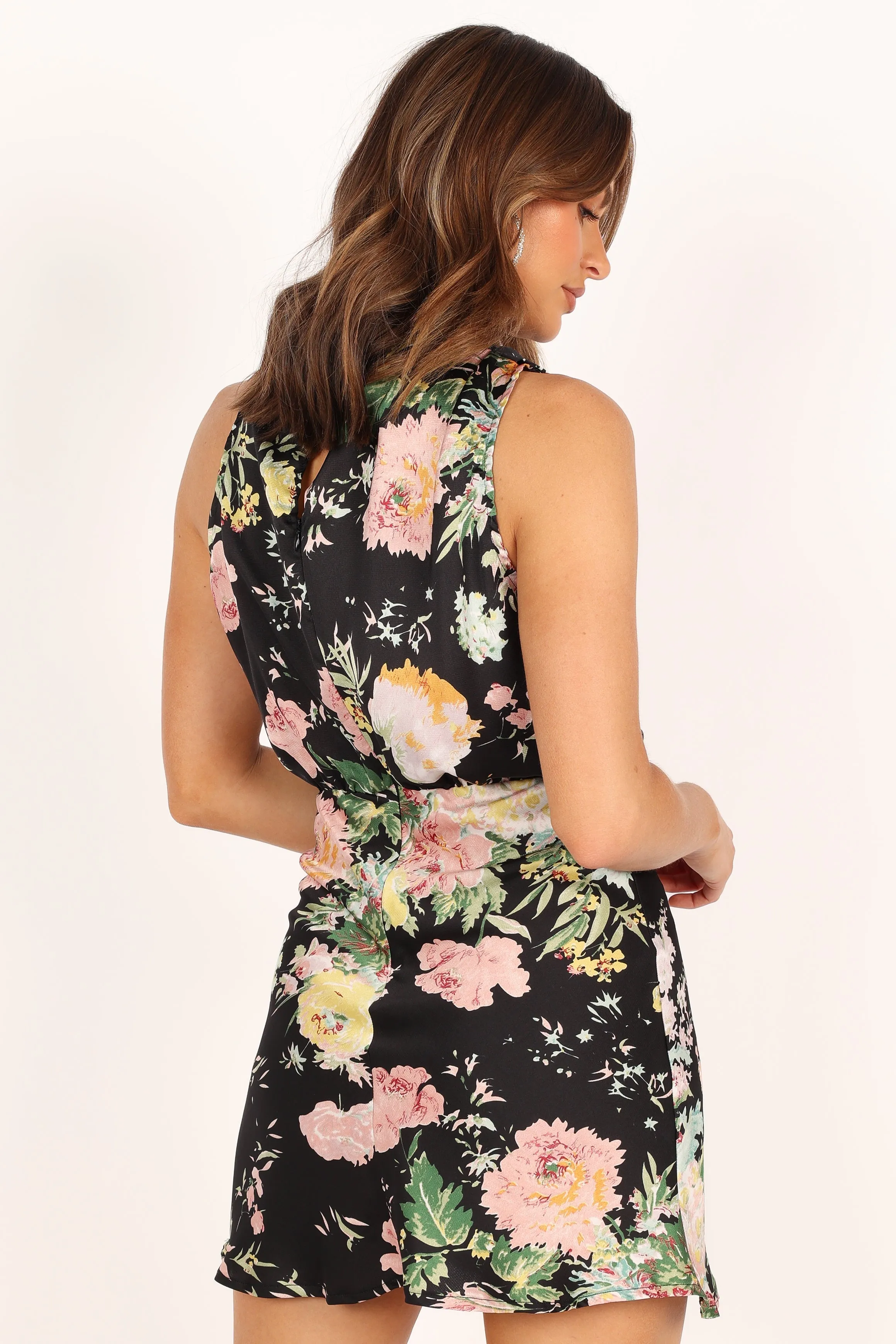 Anabelle Halter Neck Mini Dress - Black Floral