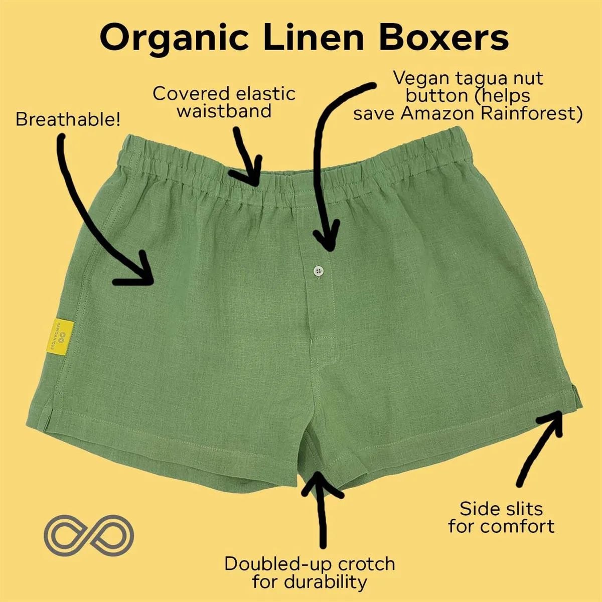 BIZET 100% Organic Linen Boxers (Woven) (Plastic-free, Tagua Nut Button, OC Thread) (100% Biodegradable Organic Elastic Option)