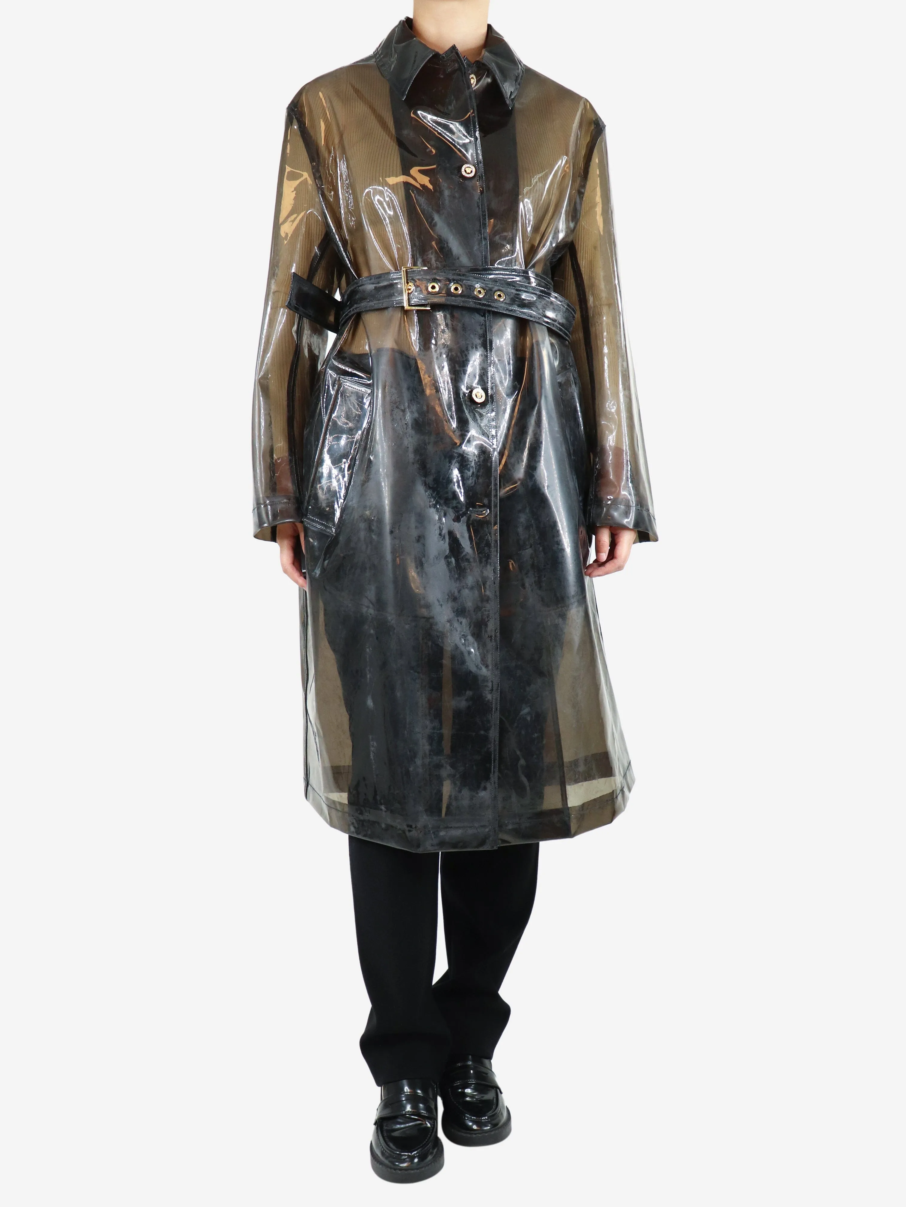 Black translucent rubber raincoat - size UK 12