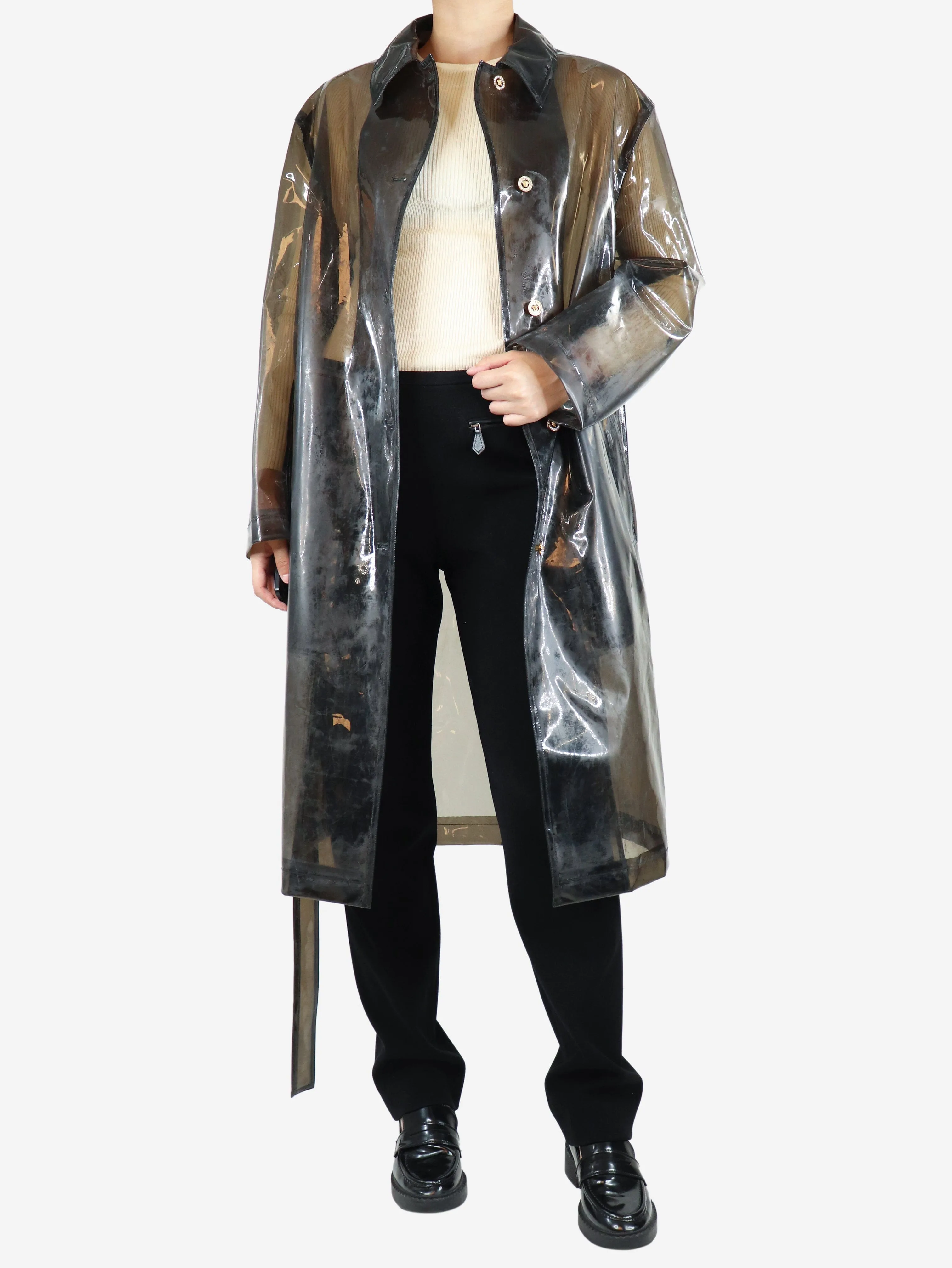 Black translucent rubber raincoat - size UK 12