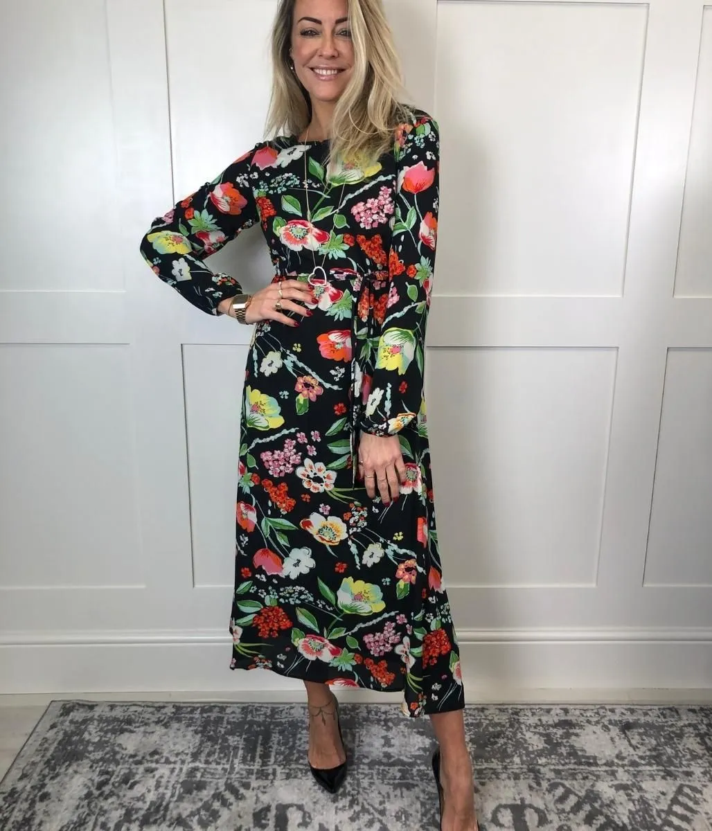 Black Vibrant Flower Print Midi Dress