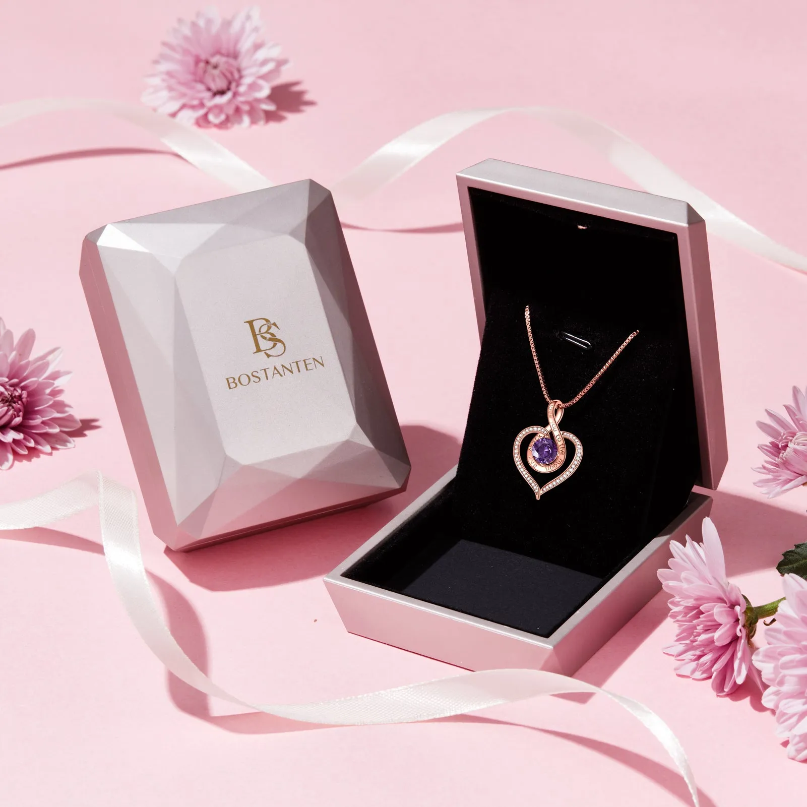 BOSTANTEN Love Heart Pendant Necklaces for Women Silver Rose Gold Tone Crystal Birthstone Birthday Jewelry Gifts for Women, 18" 2"