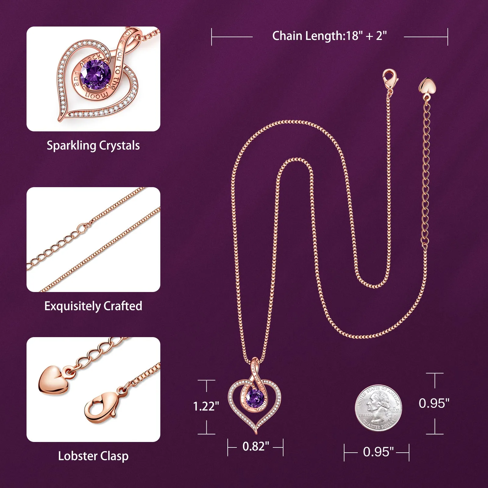 BOSTANTEN Love Heart Pendant Necklaces for Women Silver Rose Gold Tone Crystal Birthstone Birthday Jewelry Gifts for Women, 18" 2"