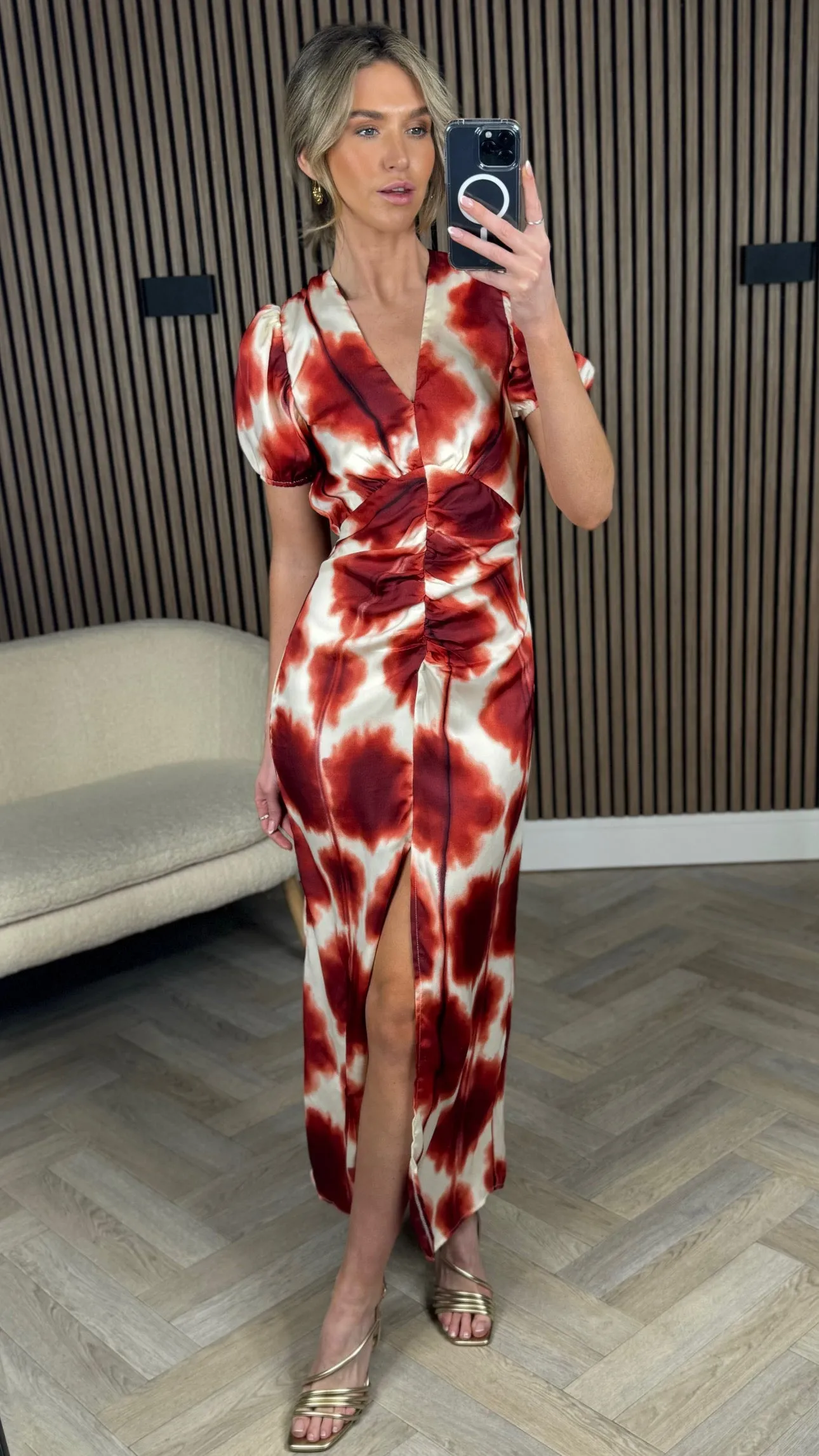 Carlota Rust Printed Puff Sleeve Front Split Midi Dress