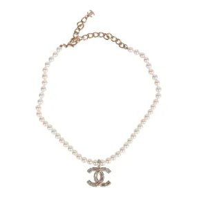 Chanel Faux Pearl Short Crystal CC Pendant Necklace