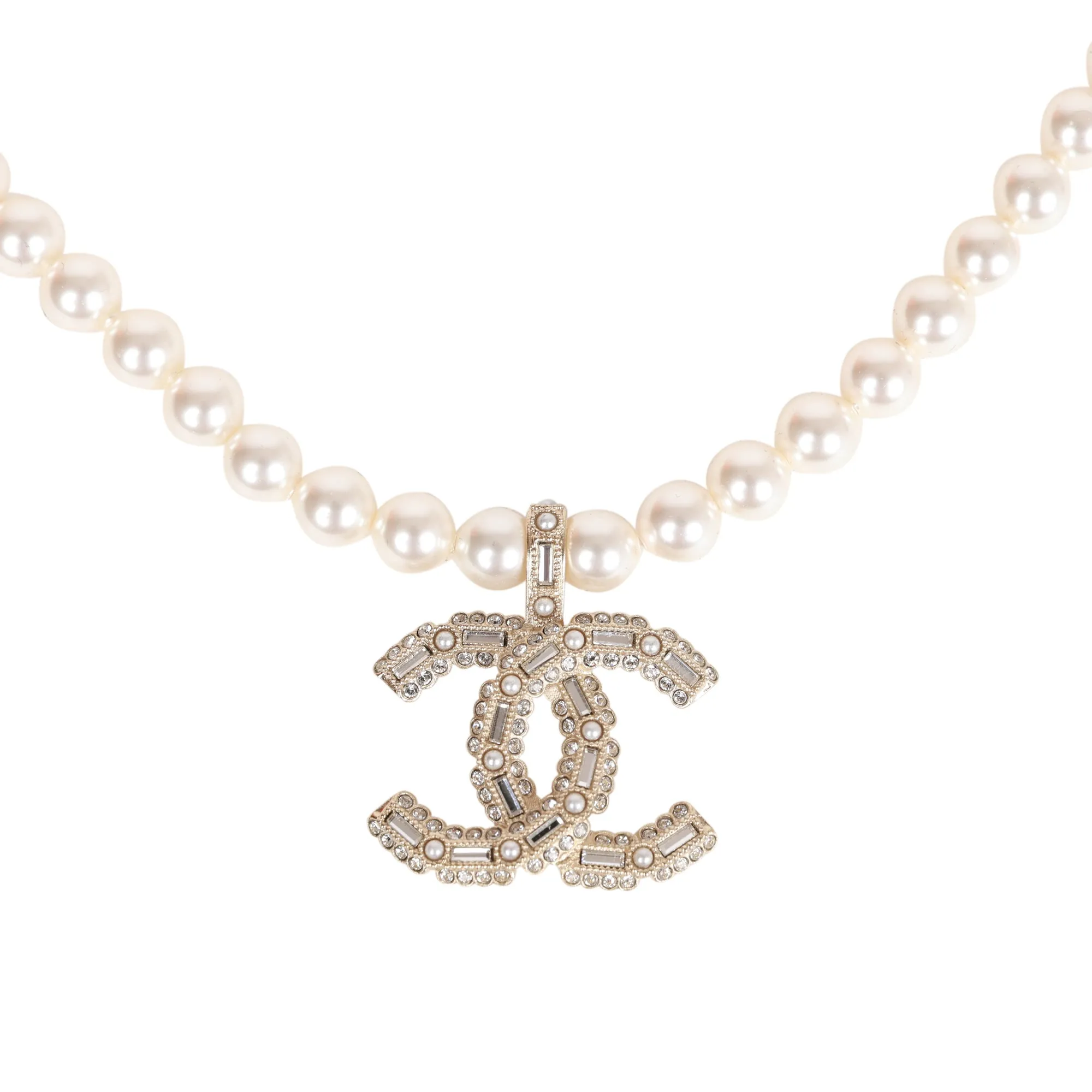 Chanel Faux Pearl Short Crystal CC Pendant Necklace