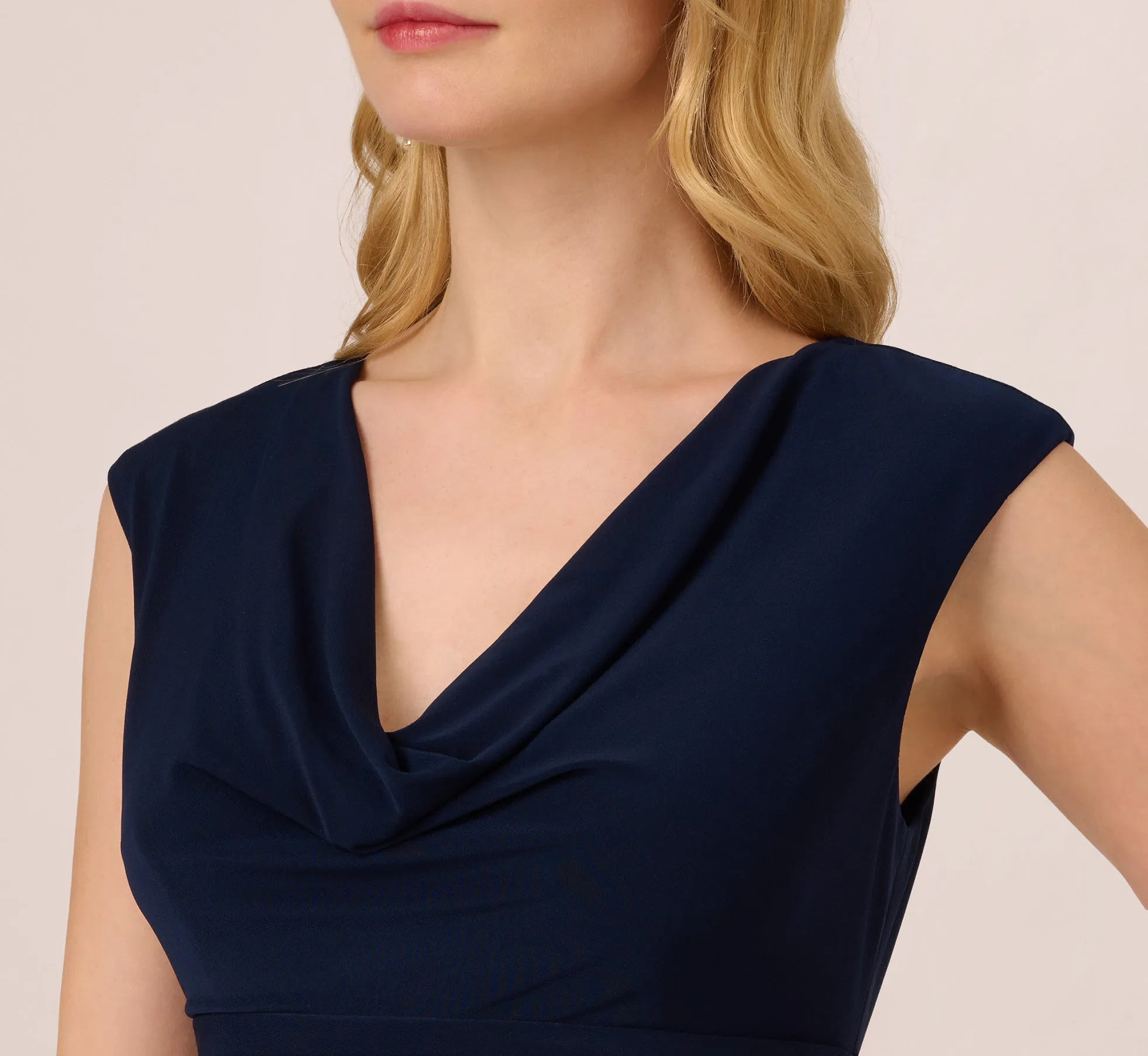 Cowl Neck Jersey Dress With Banded Skirt In Midnight