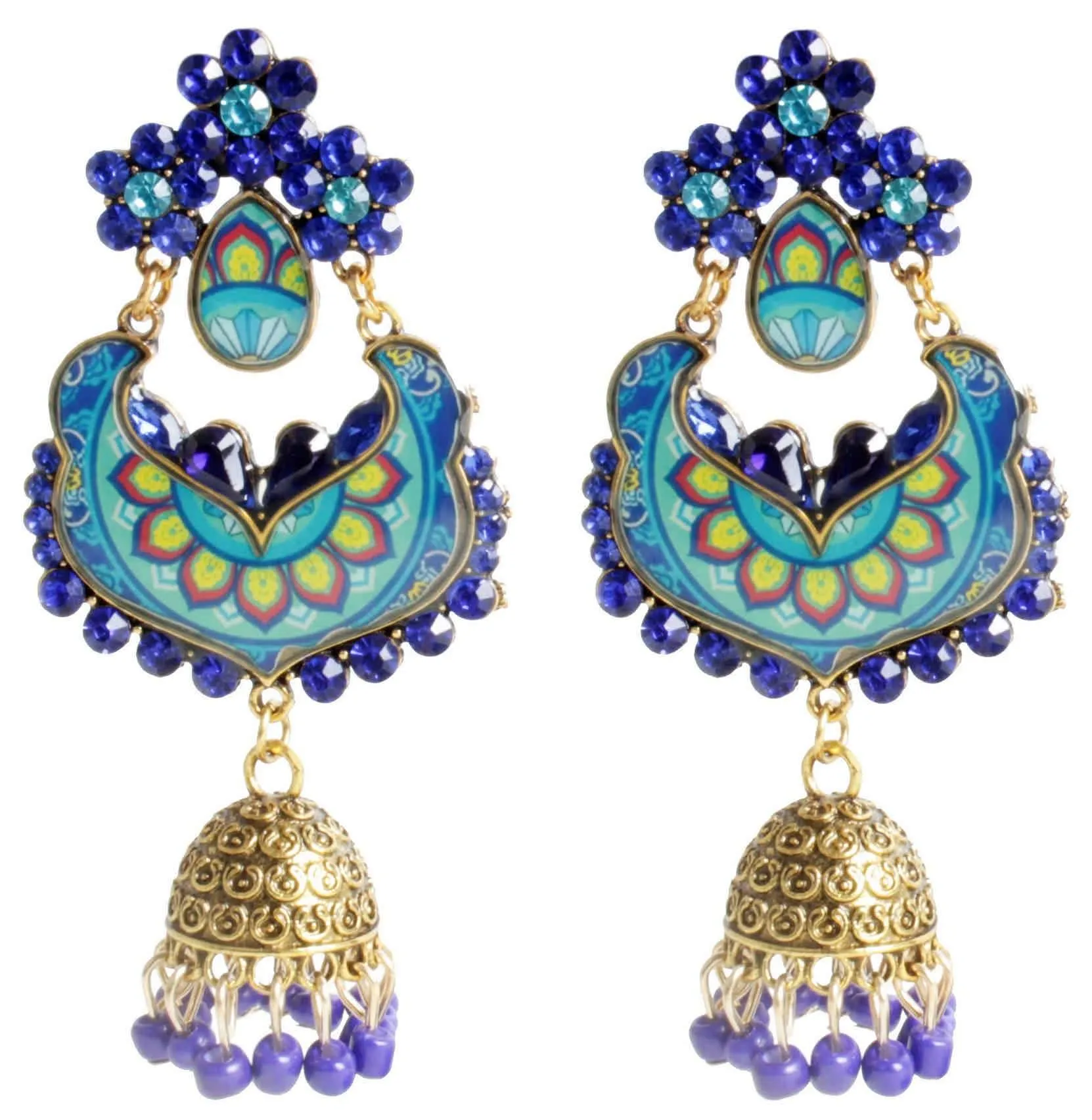 Enamel Work Rajputi Style Stone Studded Artificial Fashion Dangler Earrings Jhumka with Drops for Girls Women