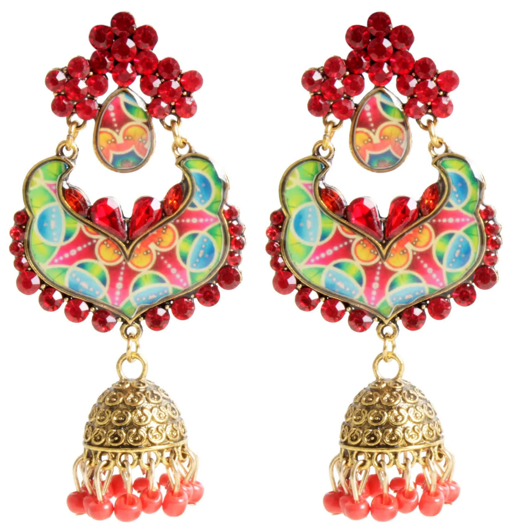 Enamel Work Rajputi Style Stone Studded Artificial Fashion Dangler Earrings Jhumka with Drops for Girls Women