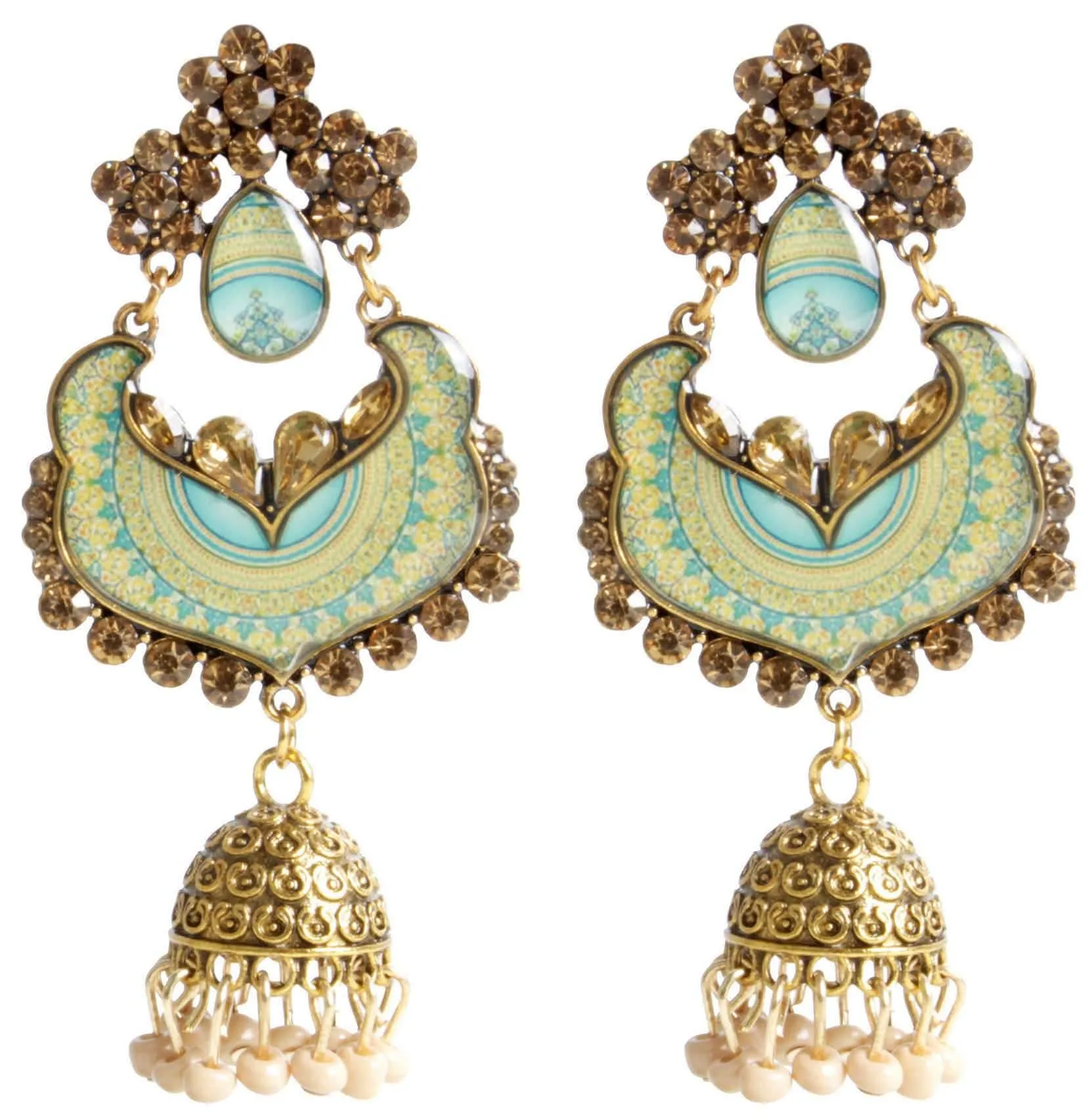 Enamel Work Rajputi Style Stone Studded Artificial Fashion Dangler Earrings Jhumka with Drops for Girls Women