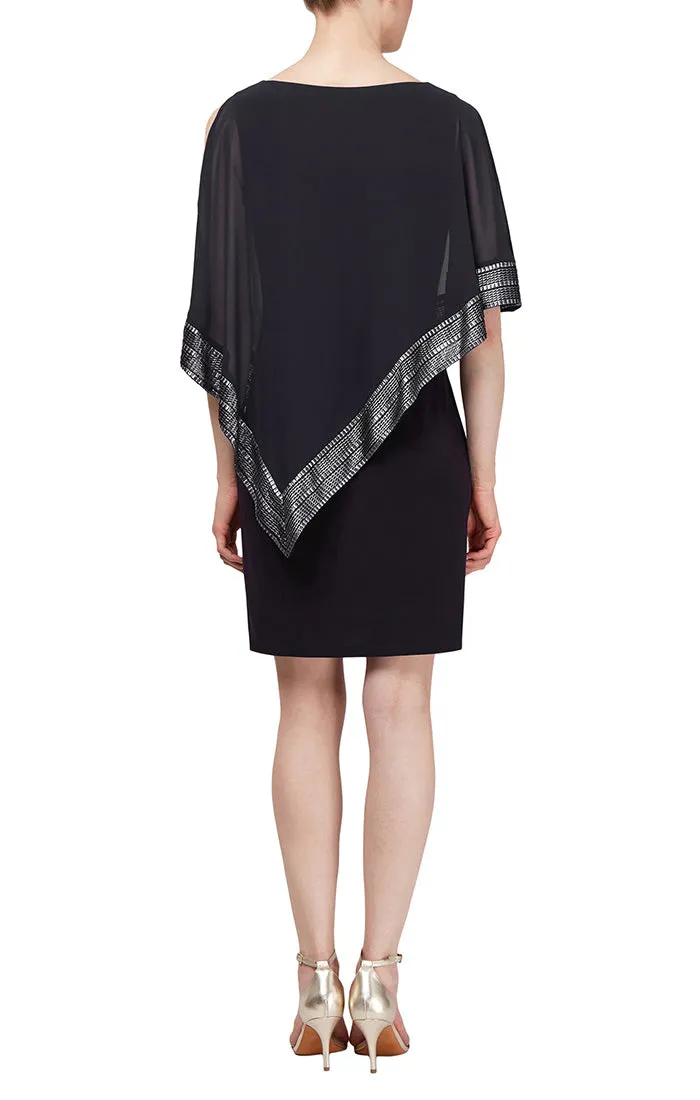 Foil Trim Asymmetrical Chiffon & Jersey Popover Cape Dress