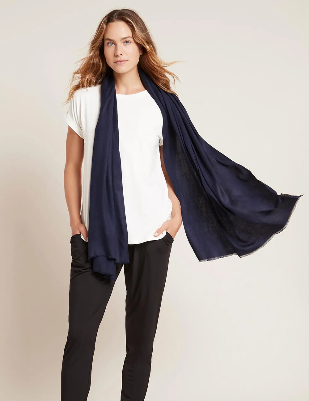 Fringed Hem Scarf - Navy