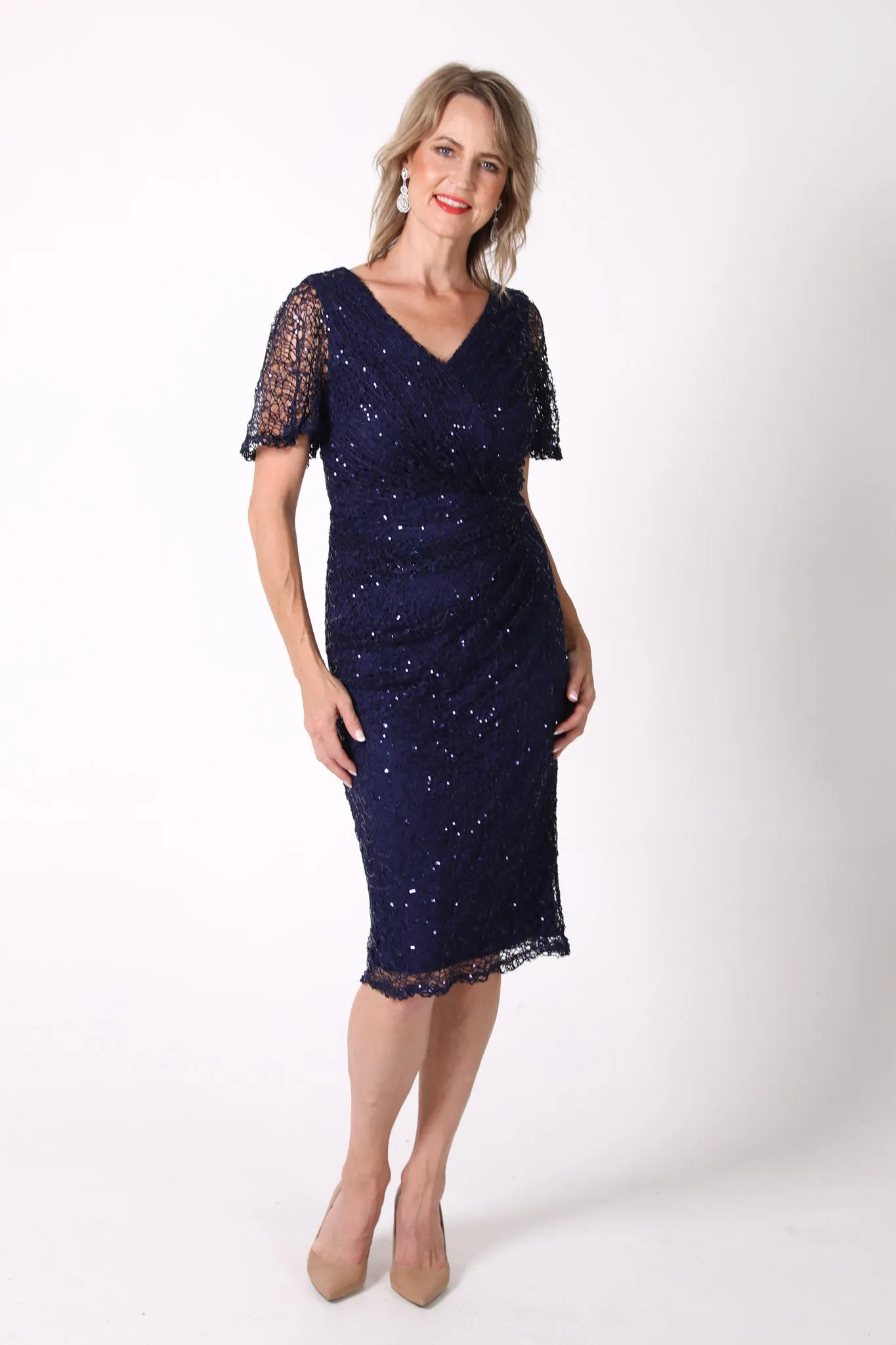 Meredith V-Neck Sequin Midi Dress - Navy