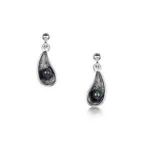 NEW Sheila Fleet Mussel Oxidised Silver Small Drop Earrings with Black Pearls (BPRL-SE0290)