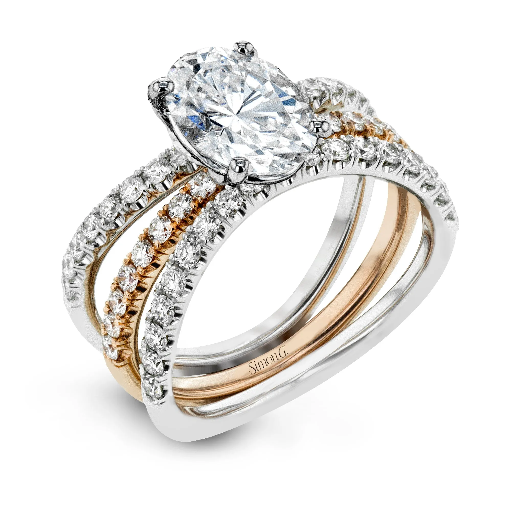 Oval-cut Engagement Ring & Matching Wedding Band in 18k Gold with Diamonds