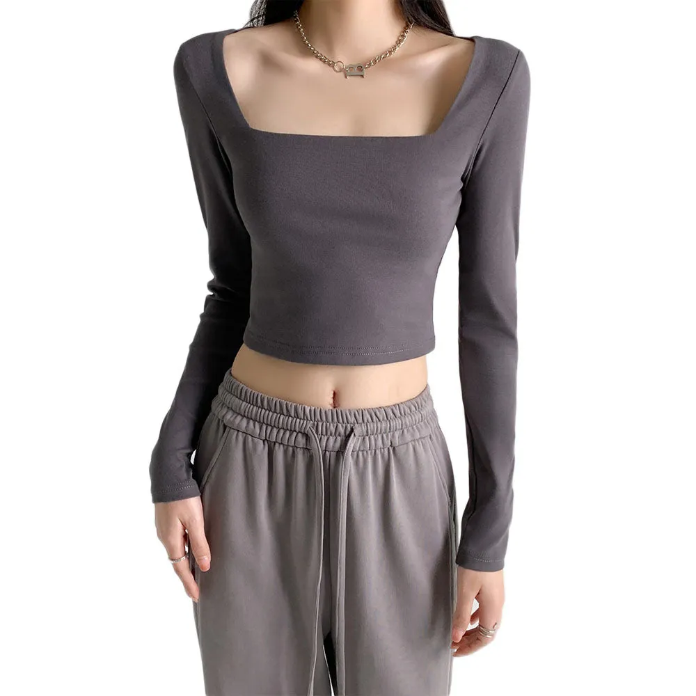 Richie House Women's Long Sleeve Casual Crop Top Ribbed Knit Slim Fitted T-Shirt RHW4065