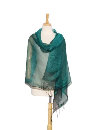 Silk and Viscose Organza Shawl Wrap Scarf Dark Green with Silver Threads COT607